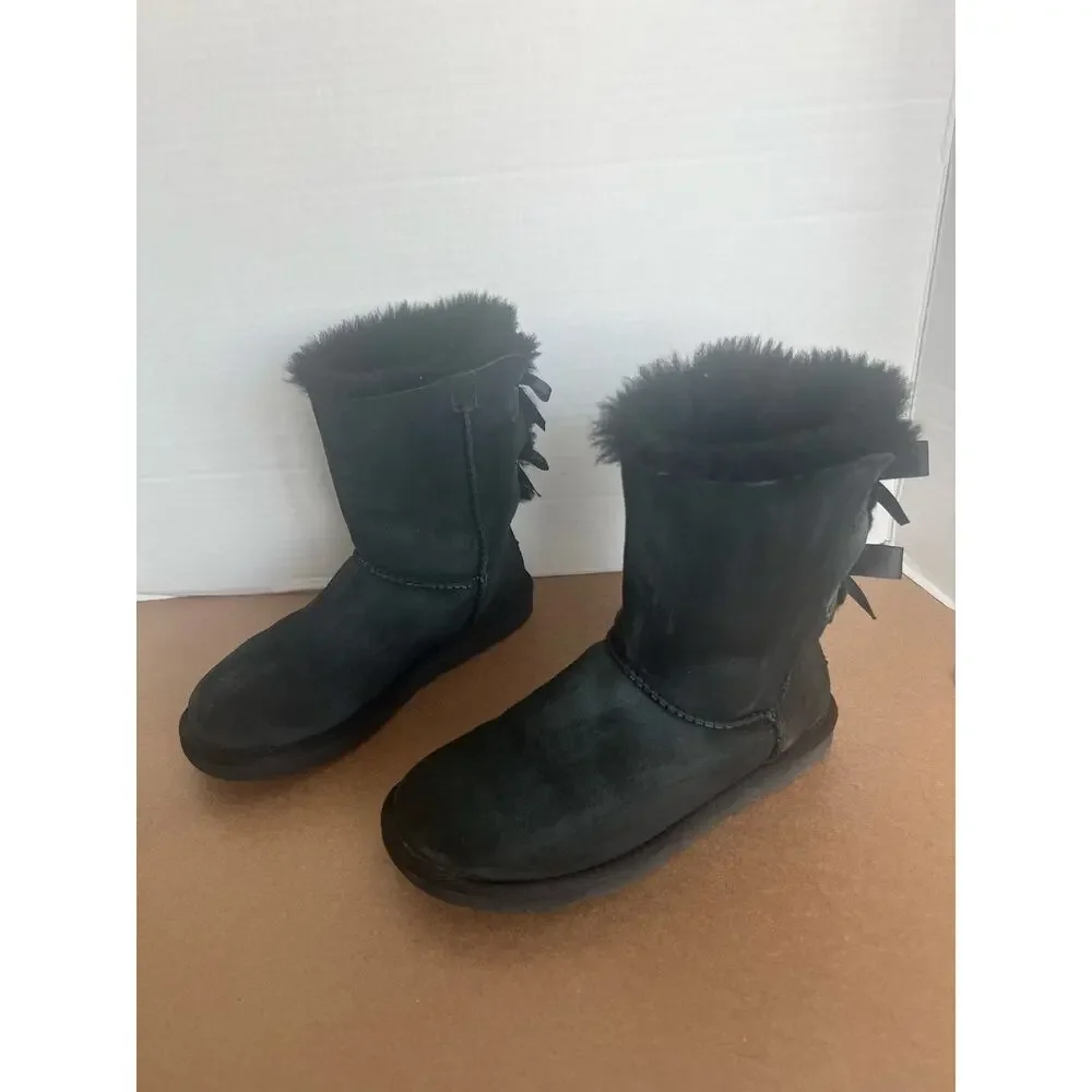 UGG Bailey 2954 Black Suede Bow II Shearling Mid Calf Water-Repellent Boots Sz 6